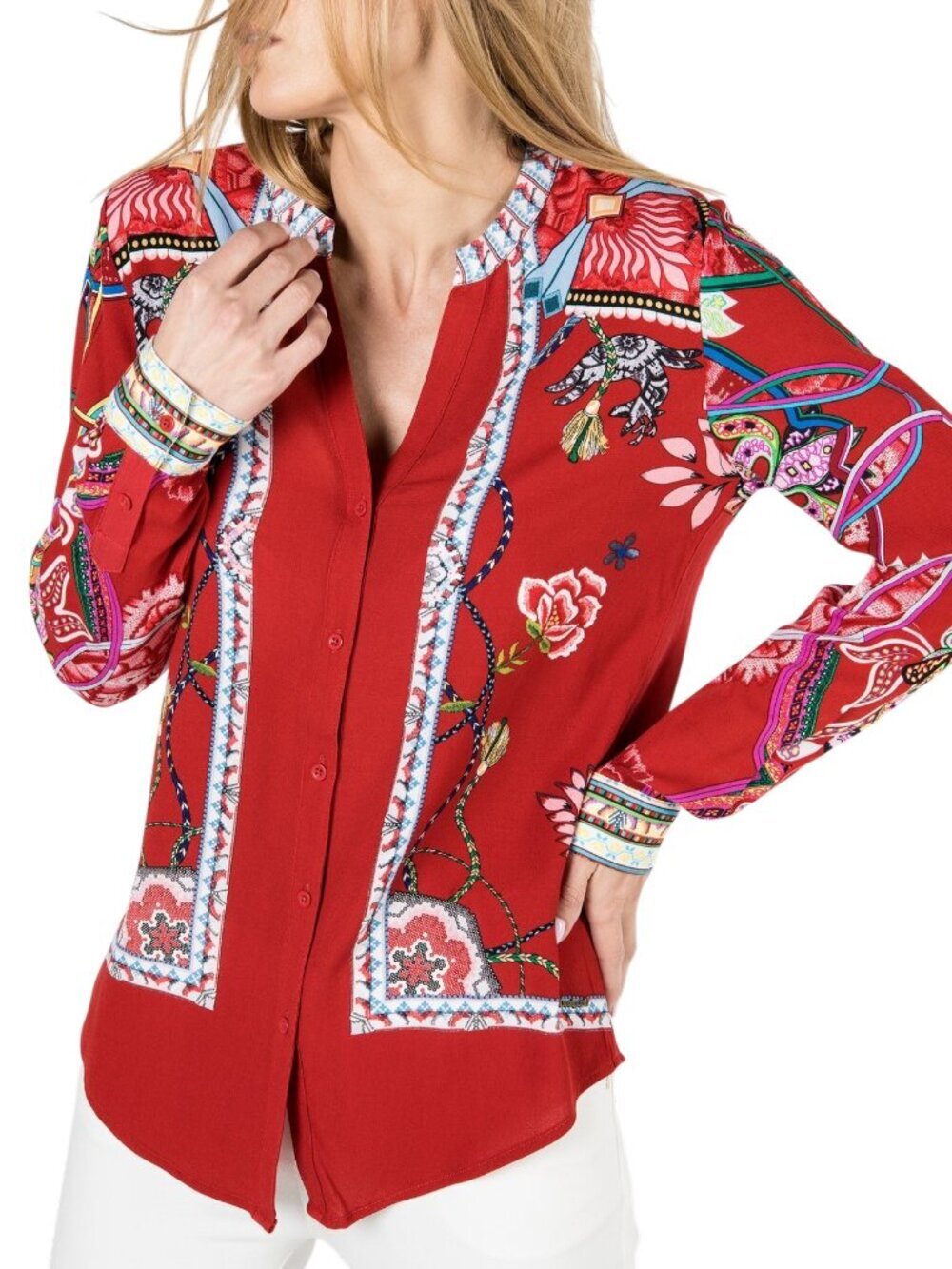 DESIGUAL Red Floral Embroidered Boho Button Front Viscose Blouse size l